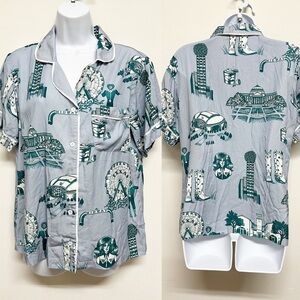 Katie Kime Womens Green Blue Dallas Themed Toile Short Sleeve PJ Top Size S